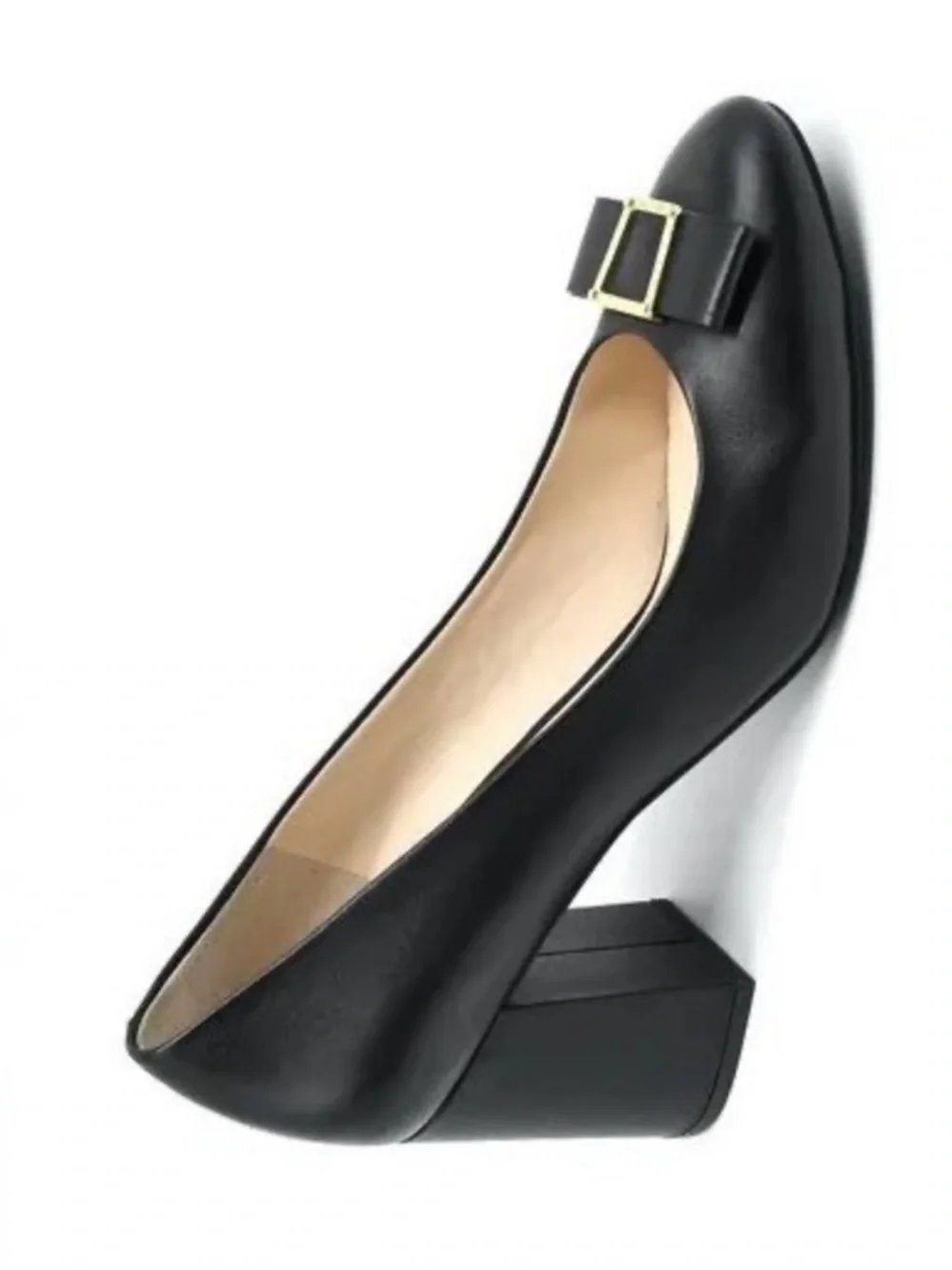 Cole Haan Black Leather Emory Bow Pump with Gold Buckle